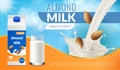 Almond milk poster. Realistic healthy vegan nut drink, cardboard box and glass, protein vegetarian beverage jet and