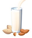 Almond milk pouring in drinking glass. Nuts . Flat illustration isolated on white background. Vegetarian drink, food.