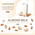 Almond milk pouring in drinking glass. Nuts . Flat vector illustration on white background. Vegetarian drink, food. Natural
