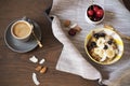 Almond Milk Quinoa With Fresh Fruits, Cherries And Coffee in a Tray. Healthy Breakfast, Lifestyle Concept. Top View. Dark Wooden B Royalty Free Stock Photo