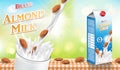 Almond milk with splash and seeds isolated on bokeh background. Paper carton Almond milk package design. Vector