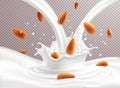 Almond milk splashes and nuts on transparent background Royalty Free Stock Photo