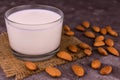 Almond milk in a transparent jug on a white background. Royalty Free Stock Photo