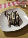 Almond nougat semifreddo dessert topped with chocolate sauce