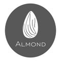 Almond nut logo with lettering. Label design. Kernel white silhouette in a gray circle. Can be used for snack packaging. Healthy