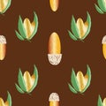 Almond nut vector seamless pattern background. Mix of golden oval seeds with leaves on chocolate brown backdrop. Luxury Royalty Free Stock Photo