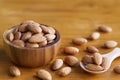 Almond nut in wood bowl on wooden table with green leaf background Royalty Free Stock Photo