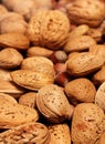 Almond nuts and hazelnut background. Almond with shell. Selective focus Royalty Free Stock Photo