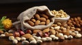 Almond nuts, hazelnuts, walnuts and sweet seeds in a burlap bag on a wooden table. Generative AI