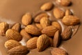Almond nuts in melted milk chocolate macro Royalty Free Stock Photo
