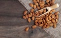 Almond nuts in a scoop on a wooden table. top view. copy space