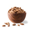 Almond nuts with shell in a wood bowl Isolated on white background Royalty Free Stock Photo