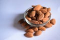 Organic Almond Nuts in a Transparent Glass Bowl On isolated White Background Royalty Free Stock Photo