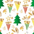 Almond nuts vector seamless pattern background. Mix of roasted golden confectionery in gingham paper bags , festive Royalty Free Stock Photo