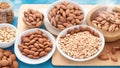 Almond nuts in a white bowl on wood background with nuts around the bowl Ai Generated