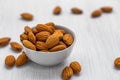 Almond nuts in a white glass bowl on a white wooden background Royalty Free Stock Photo