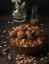 Almond nuts in wooden bowl and wooden spoon on black background. ai generated