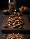 Almond nuts in wooden bowl and wooden spoon on black background. ai generated