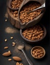Almond nuts in wooden bowl and wooden spoon on black background. ai generated