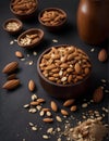 Almond nuts in wooden bowl and wooden spoon on black background. ai generated