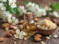 almond oil from almond nut, almond flower, ingredient for cosmetics and beauty