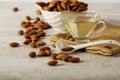 Almond oil with fresh almonds on a white wooden background. Space for text. Royalty Free Stock Photo