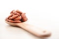 Almond pellets in a wooden spoon Placed on a wooden floor. Food photography concept.