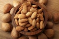 Almond snack, meal high in protein and healthy lifestyle concept thee with a brown wooden bowl of unscheduled almonds on rustic