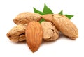 Almond superfood on white background. Concept of healthy life. Close up. A handful of nuts in the center of the frame.