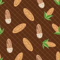 Almond vector seamless pattern background. Assorted brown oval nuts with leaves on diagonal grid chocolate color