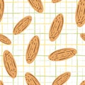 Almond vector seamless pattern background. Light brown oval nuts on grunge grid crisscross white backdrop. Assorted Royalty Free Stock Photo