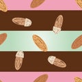 Almond vector seamless pattern background. Oval nuts on wide striped brown, pink mint green backdrop. Assorted kernel
