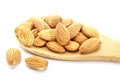 Almond on white background. Isolated objects. Nuts, natural product. Vegetable protein. Nut in a wooden spoon. Close up