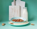 Almonds, almond milk and almond flour. Alternative type of flour containing net carbs, gluten free flour, lactose free milk, keto Royalty Free Stock Photo