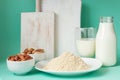 Almonds, almond milk and almond flour. Alternative type of flour containing net carbs, gluten free flour, lactose free milk, keto Royalty Free Stock Photo