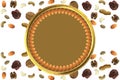 Almonds arranged in circle in Golden plate with Various dry fruit nuts and chocolate abstract pattern with free blank space Almond