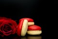 Red macaroon on black background with red roses Royalty Free Stock Photo