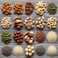 Almonds Brazil nuts pistachios flaxseeds macadamia nuts hazelnuts and Royalty Free Stock Photo