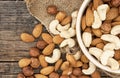 Almonds, cashew and hazelnuts in ceramic bowl on a rustic wooden Royalty Free Stock Photo