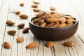 Almonds in dark brown bowl on wooden backdrop