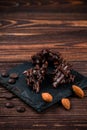 almonds in dark chocolate close up Royalty Free Stock Photo