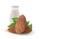 Almonds with green leaves with almond milk Royalty Free Stock Photo