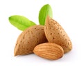 Almonds and green leaves isolated on white Royalty Free Stock Photo