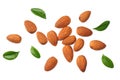 almonds with green leaves isolated on white background. top view Royalty Free Stock Photo