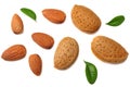almonds with green leaves isolated on white background. top view Royalty Free Stock Photo