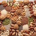Almonds hazelnuts cashews and Brazil nuts are interspersed with seeds Royalty Free Stock Photo
