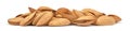 Almonds heap isolated on white background. Panorama of almonds unpeeled closeup. Nuts collection Royalty Free Stock Photo