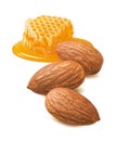 Almonds and honeycomb piece isolated on white background. Nuts and honey. Vertical layout