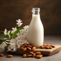 Almonds milk in bottle with almonds nuts on wooden backgrounds Royalty Free Stock Photo