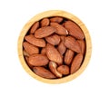 Almonds natural roasted in wooden bowl isolated on white background Royalty Free Stock Photo